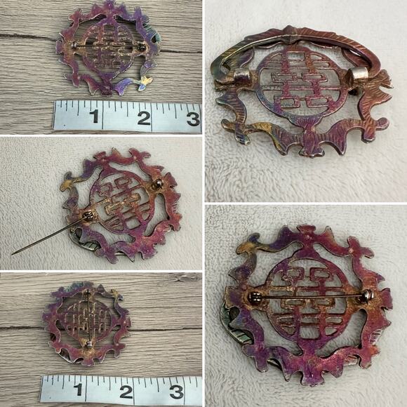Reworked Vintage Rainbow Oxidized Metal Asian Door Knocker Brooch - Picture 3 of 3